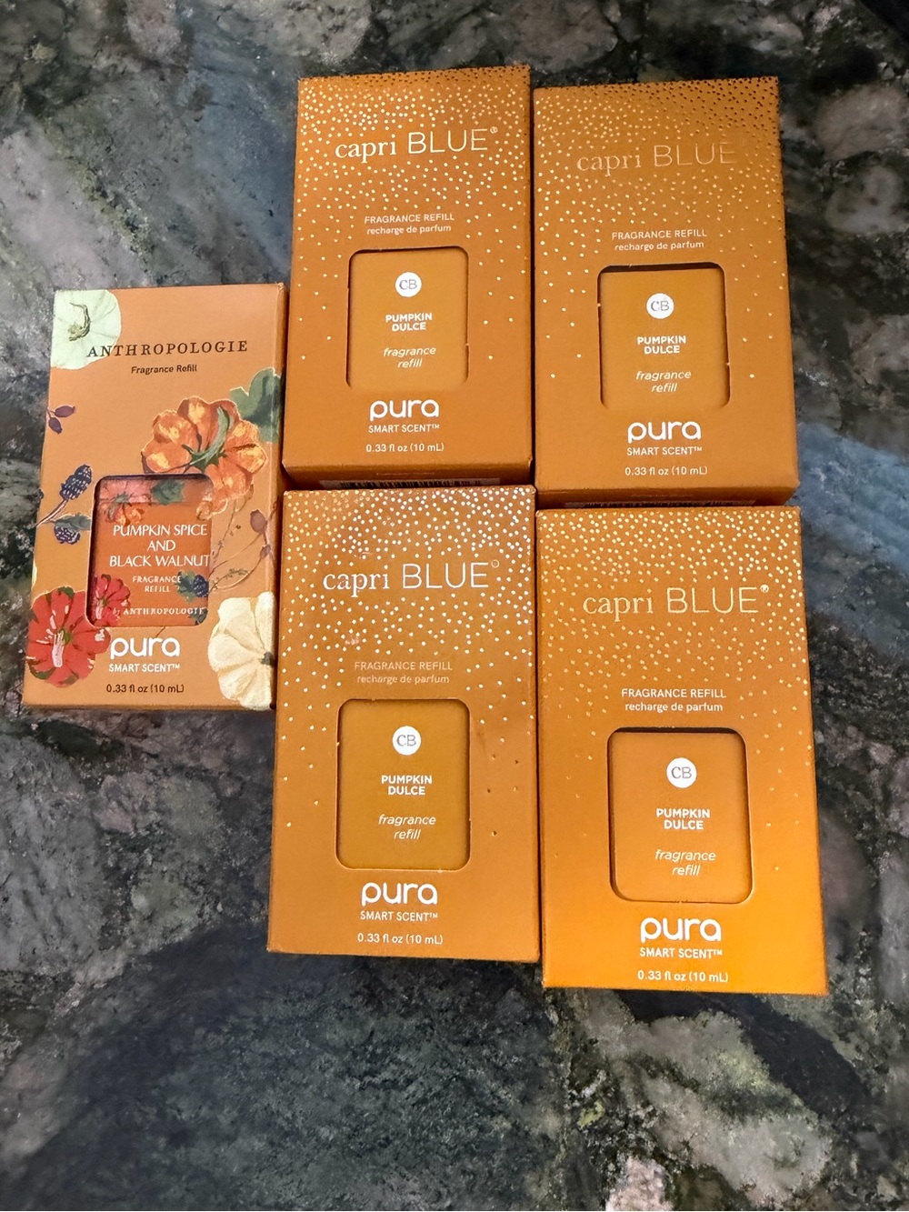 Capri Blue Pura Refill SET OF 4 Pumpkin Dulce and 1 Anthropologie Pumpkin Spice